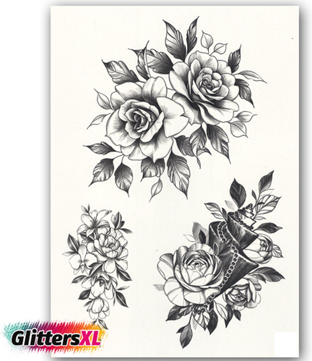 GlittersXL - Temporary Tattoo Rozen/Bloemen/Roos (A5 formaat) [Neptattoo - Tijdelijke tatoeage - Nep Fake Tattoos - Water overdraagbare festival sticker henna outfit tattoo - Glitter tattoo - Volwassenen Kinderen Jongen Meisje]